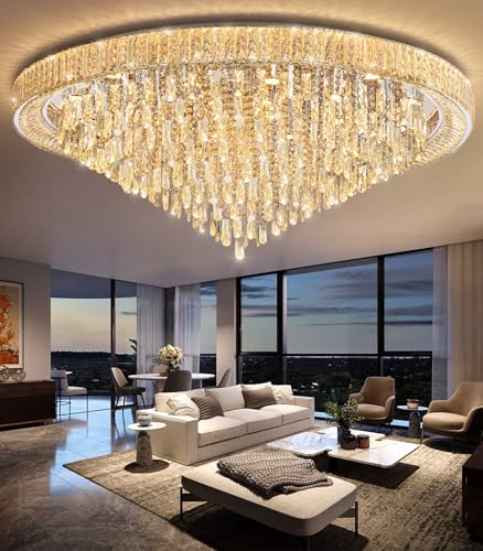 53.7" Modern Chandeliers LED Dimmable Crystal Flush Mount Ceiling Chandeliers for Living Room High Ceiling Entrance Foyer Lobby Bedroom Silver (Silver / 53.7" Width)