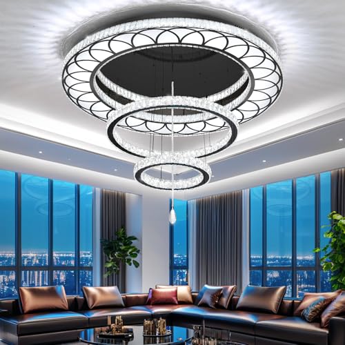 Large 48in Crystal Ring Chandelier Modern Black Crystal Chandeliers LED Dimmable Flush Mount Chandelier Crystal Ceiling Light for Living Room Bedroom Foyer (Black / W:48inches)