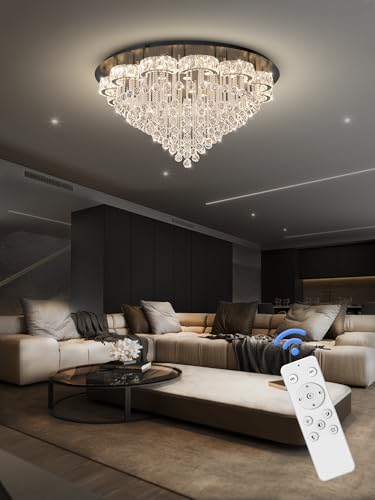 48inches Crystal Chanderliers for Living Room Entryway Modern Crystal Folwer Ceiling Light for Foyer Interior LED Dimmable Lighting 2700k 4500k 6000k (Black / 48inch)