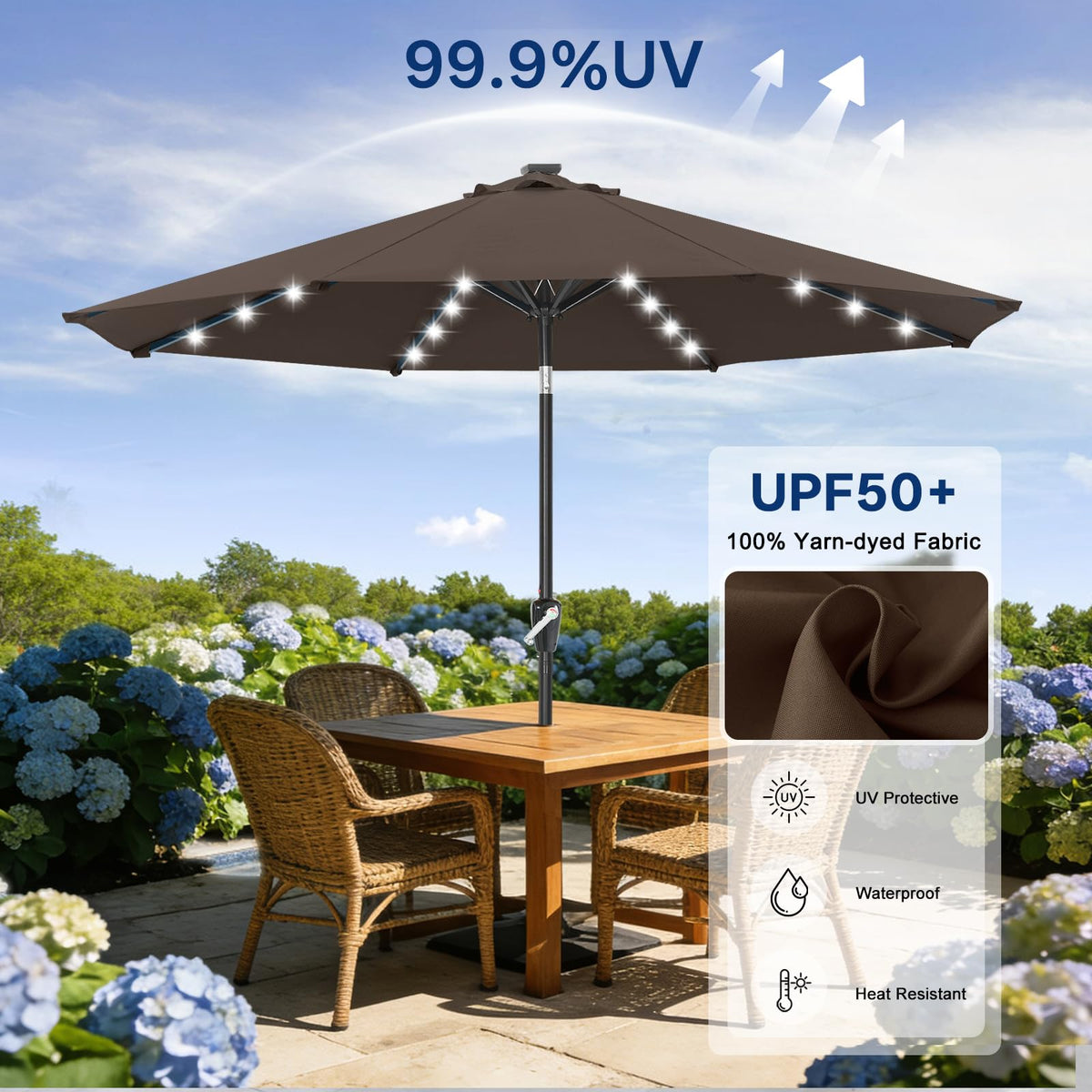 Solar Led Patio Umbrella with 32 Lights 10FT (LED Umbrella / 10ft / Brown)