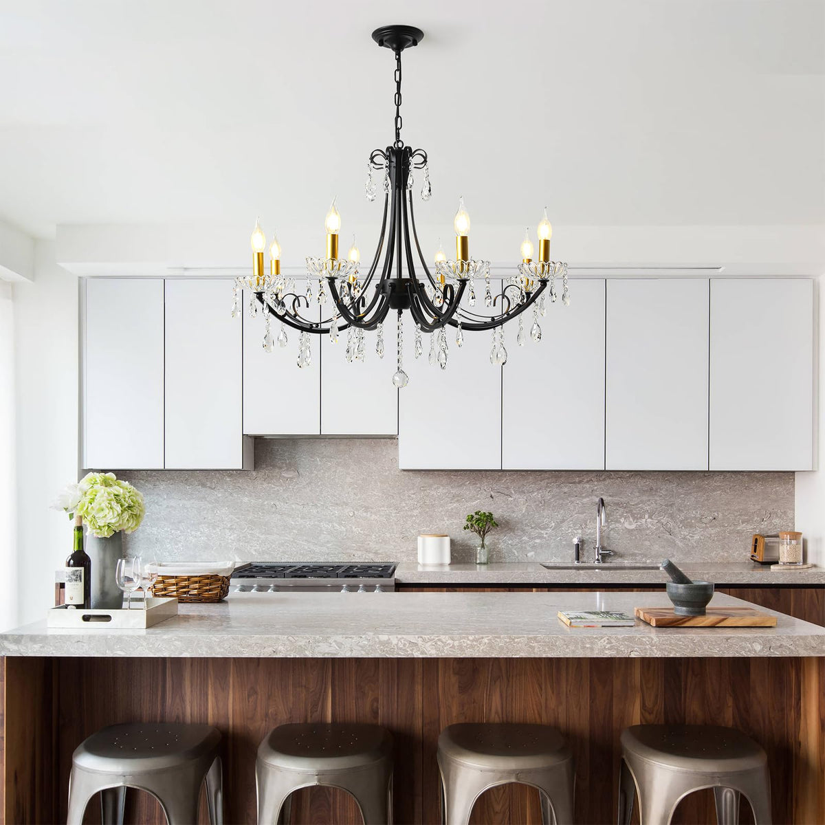 Black Crystal Chandeliers for Dining Room (Black&Gold-8light)