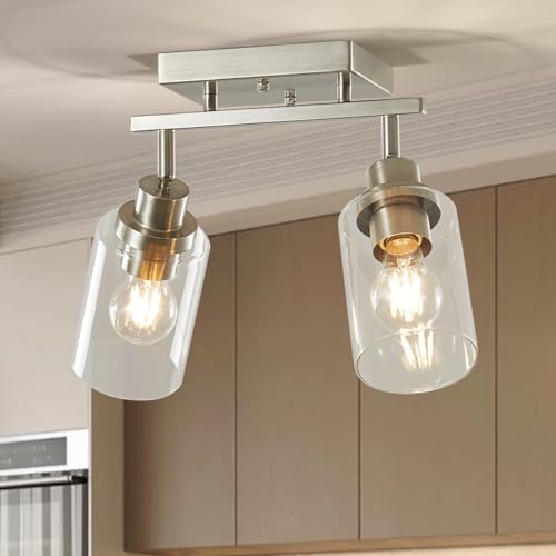 2 Light Brushed Nickel Bathroom Vanity Track Light Fixtures Ceiling Mount Kitchen Track Lighting Kit with Clear Glass Shade (Brushed Nickel / 2-Light)