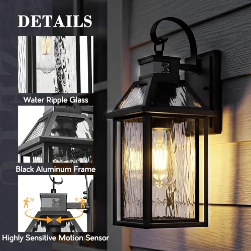 Motion Sensor Porch Light (Black - Water Ripple Glass / 15.8 Inch - Motion Sensor)