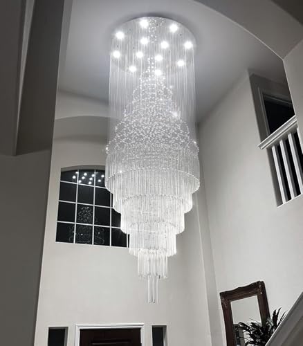 W32 x H100 Glam Chandelier with LED Bulbs Crystal Raindrop High Ceiling Pendant Light for Entrance Large Villa Chandelier Foyer Lighting Fixtures Silver (Silver / Round W32" X H100")