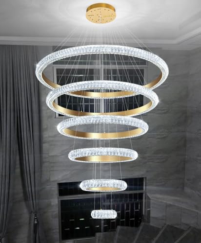47" 6 Ring Crystal Chandelier Modern LED Dimmable Ring Pendant Light Chandelier for Dining Room Living Room Gold (Gold / 6 Ring Round 47")