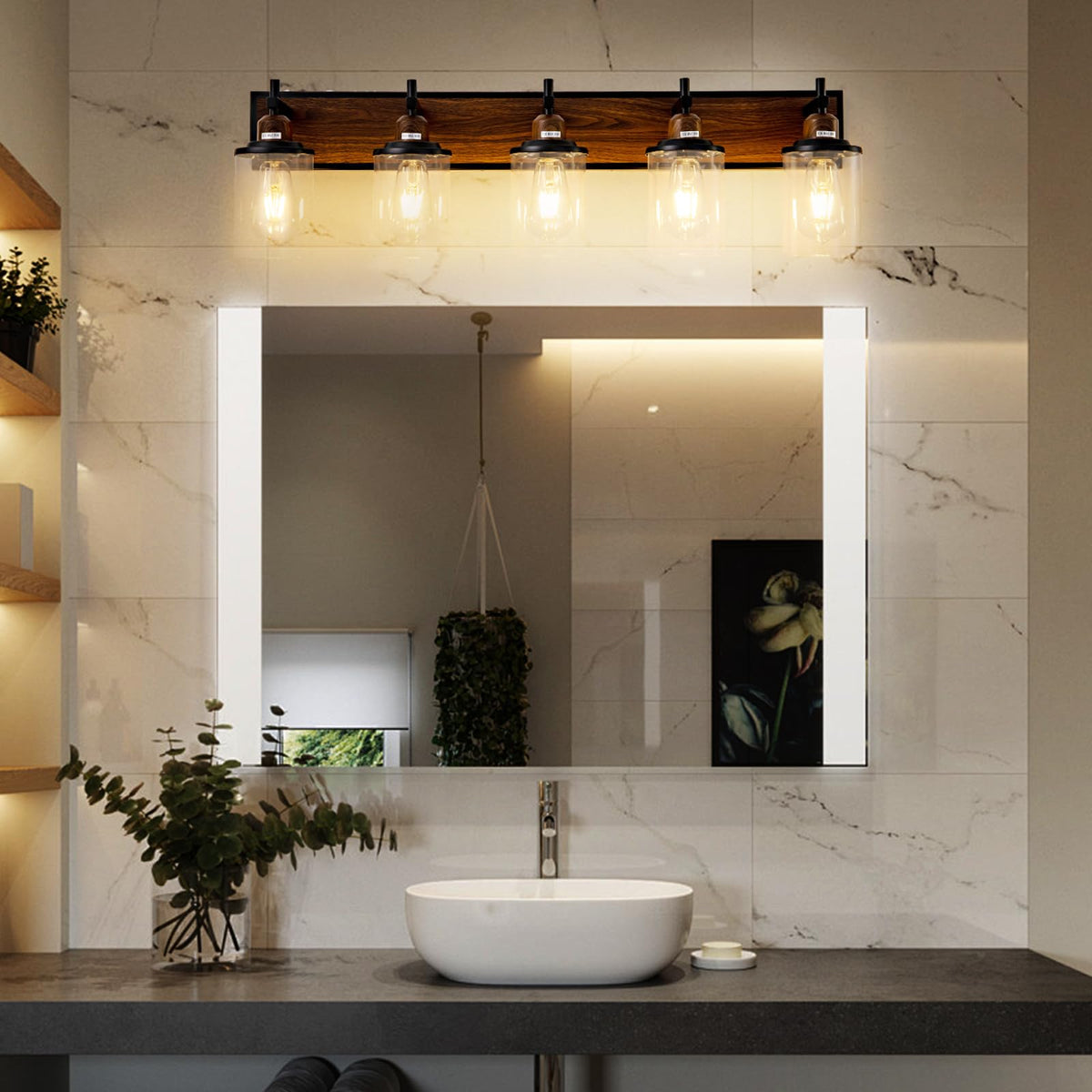 4 Light Farmhouse Bathroom Light Fixtures Vintage Bathroom Vanity Lights Over Mirror Black and Wood Painted Metal Vanity Light for Bathroom with Glass Shades E26 Socket (Black and Wood-painted / 4-Light)