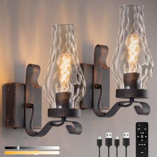 Vintage Battery Operated Wall Sconces Set of 2 (Water Ripple Retro Black / Battery Operated)