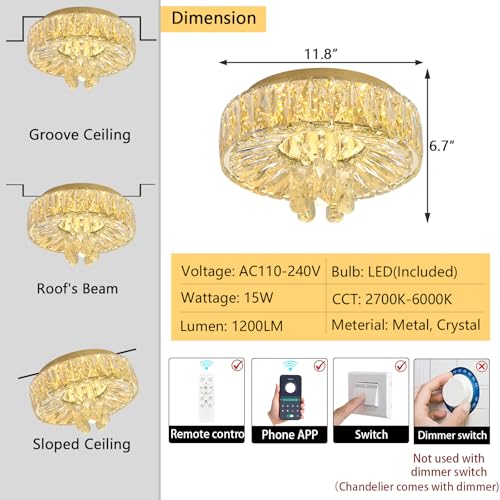 Mini Chandelier Modern Crystal Chandeliers for Hallway LED Flush Mount Ceiling Light Dimmable Light Fixture for Dining Room Living Room Bedroom (Gold / 11.8" Width)