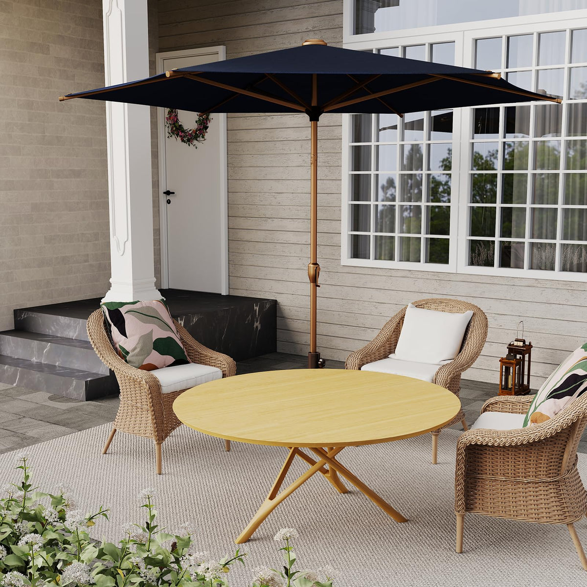 9FT Outdoor Patio Umbrella Outdoor Table Umbrella with Crank Market Umbrella 6 Sturdy Ribs UV Protection Waterproof and Push Button Tilt for Garden Deck Backyard Pool (9 FT(6 Ribs) / Dark Blue)