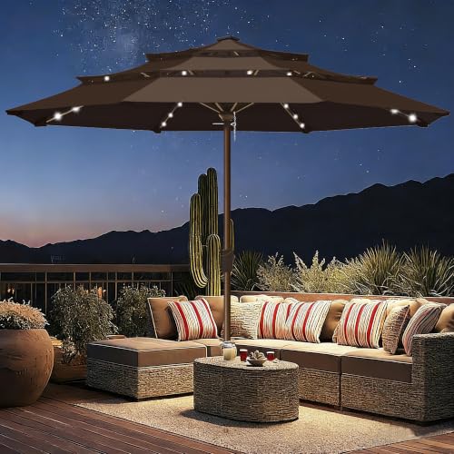 USA 10-Year-Non-Fading 10ft 3-Tier Market Patio Umbrella, Commercial Table Umbrella with 80 Solar LED Lights, Crank Open, Windproof & UPF 50+ UV Protection for Garden, Deck, Pool, Backyard, No Tilt, Chestnut (Chestnut / 10FT(Triple Vents No Tilt))