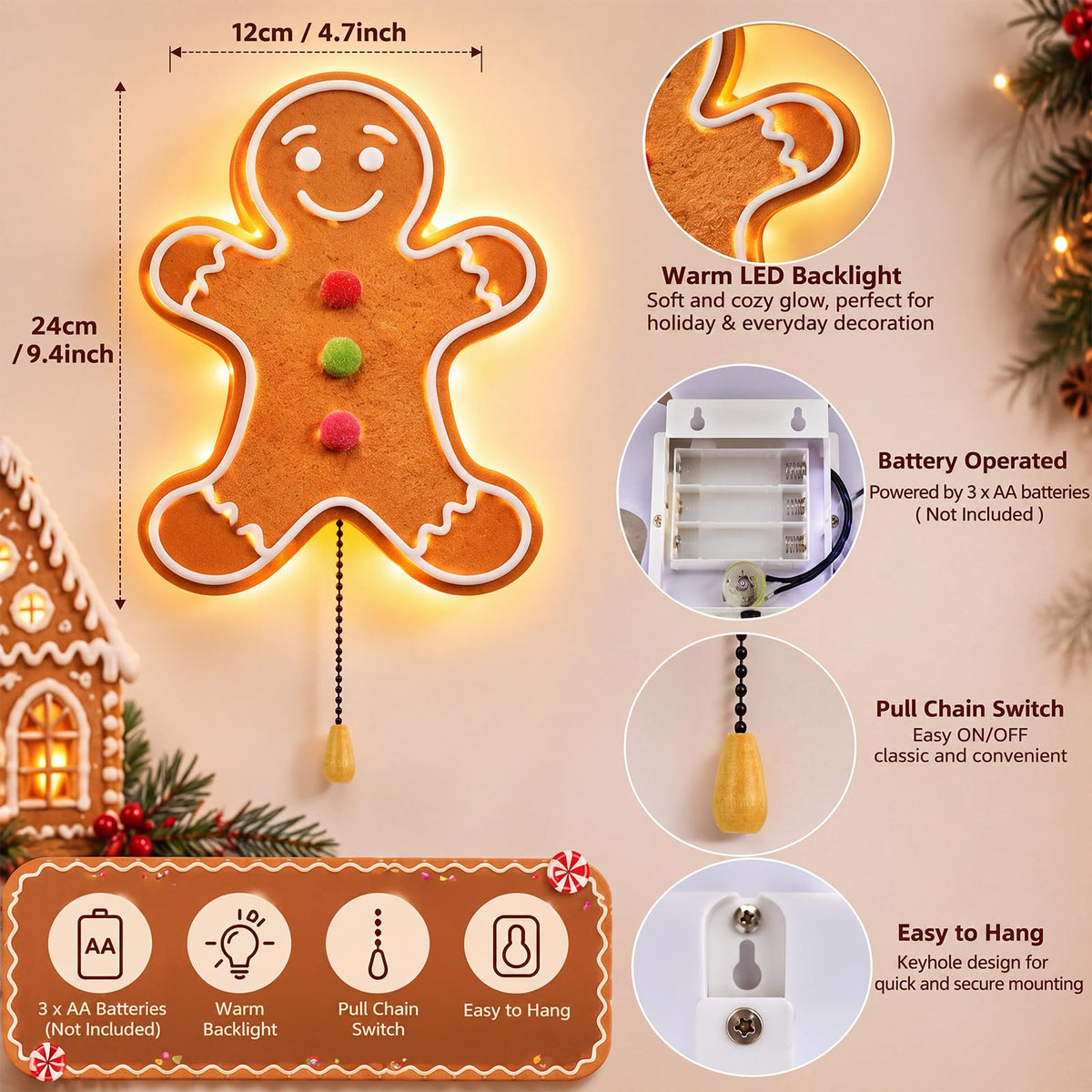 Gingerbread Man Christmas Night Light Wall Lamp Nursery Lighting (Gingerbread Man)