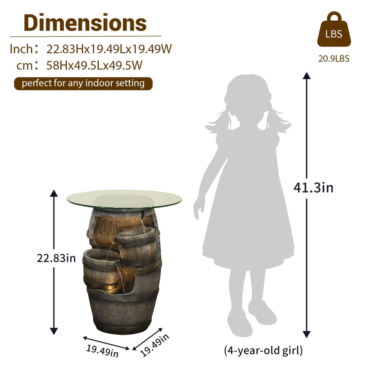 Rustic Barrel Outdoor Water Fountain with Glass Tabletop (22.83inch)