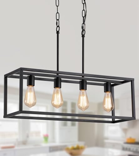Black Rectangle Island Lighting Rectangular Modern Industrial Chandelier 4 Lights Linear Vintage Cage Light Fixtures for Kitchen Dining Room (4-Lights)