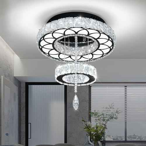 Dia 12" Crystal Mini Chandelier Crystal Black Ceiling Light Fixtures LED Flush Mount Ceiling Light for Living Room Bedrooms Dining Room Dimmable 2700k 4500k 6000k (Black / W:12inches)