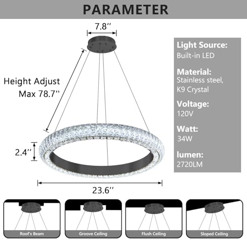 24" Ring Modern LED Dimmable Crystal Chandelier Adjustable Height Pendant Light Round Crystal Chandelier Light Fixtures for Dining Room Living Room Kitchen Island Black (Black / 1 Ring Round 24")