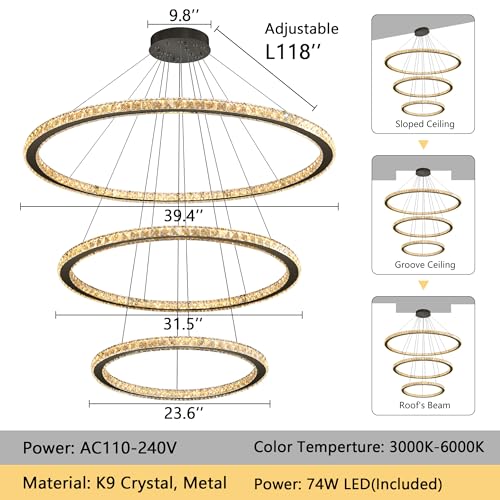 Modern Crystal Chandelier Dimmable LED Ceiling Light Fixture Luxury 3 Ring Stainless Steel Pendant Light for Living Room Dining Room Foyer Black (Black / 3-Ring 40")