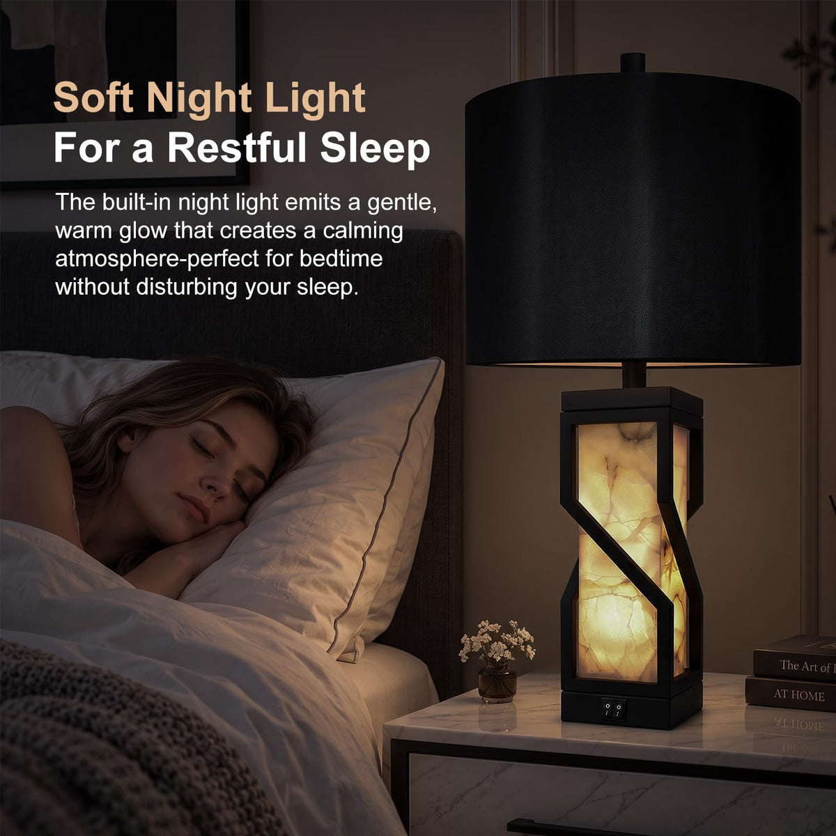 26" Alabaster Table Lamps Set of 2 with Night Light (Black)