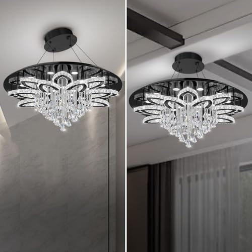 W40 Modern Black Crystal Chandelier for Living Room High Ceiling Crystal Raindrop Chandelier Flush Mount Chandeliers for Foyer Hallway Dimmable 2700K (Black / W:40inches)