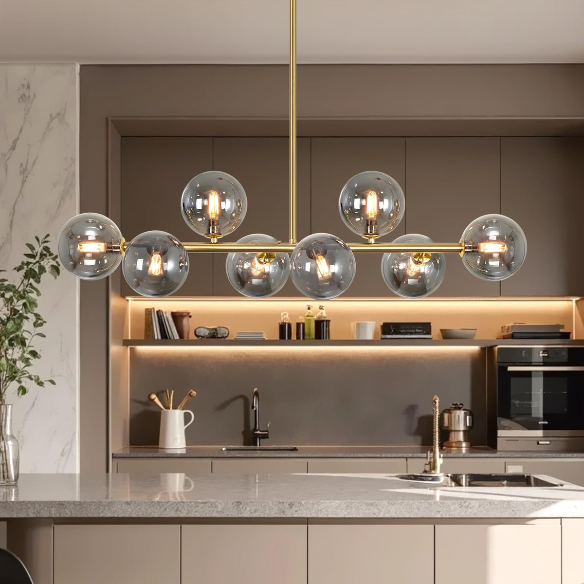 Gold Linear Chandelier 37" Dining Room Light Fixture Modern Sputnik Light (Gold and Gray / 8 Light)