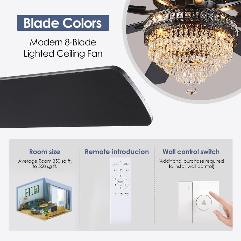 72 Inch Black Large Crystal Chandelier Ceiling Fans with Lights and Remote (Black-72IN)