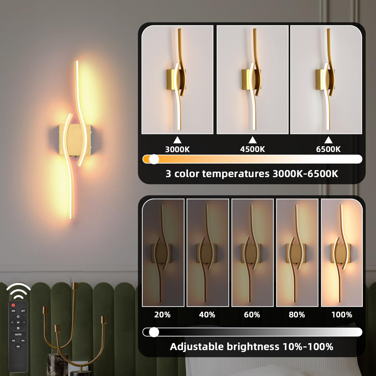 Battery Powered Wall Sconces Set of 2 (Gold / 23.6 inch)