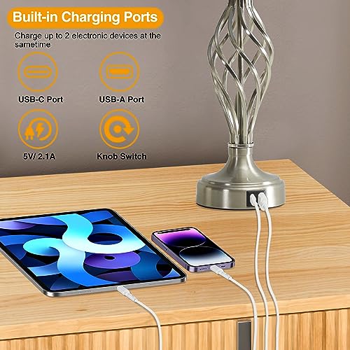 Table Lamp for Bedroom Set of 2 with USB C+A Ports (Silver Base + Black Lampshade)