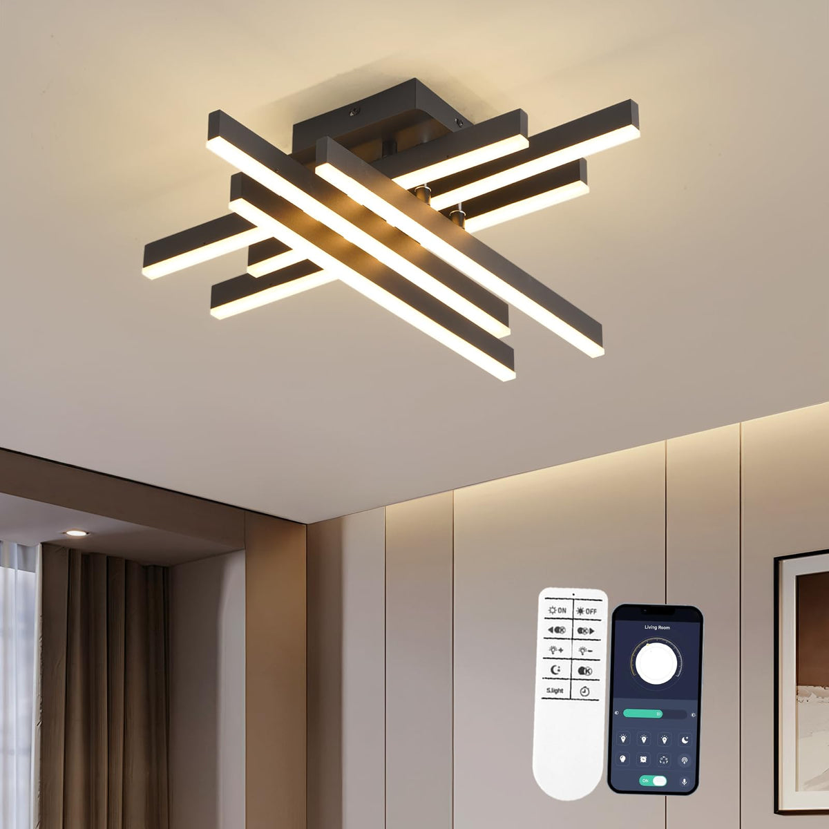 Modern LED Ceiling Light with Remote (6 Light-Square-Black)