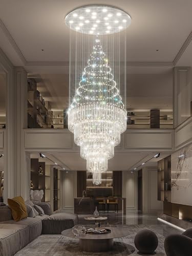 D40''X H120'' Modern LED Crystal Chandelier for High Ceiling Dimmable Large Crystal Raindrop Chandeliers Chandeliers for Entryway Staircaes Foyer Hallway Tall Living Room (Silver / D40"X H120")