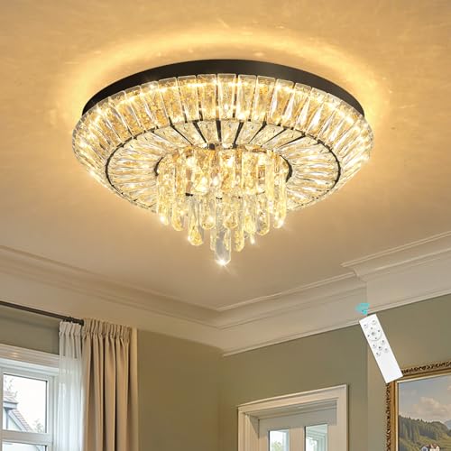Crystal Chandelier 40W Modern Round Ceiling Light Fixture LED Raindrop Chandeliers Dimmable with Remote for Dining Room Living Room Entryway Hallway Bedroom Black (Black / W20")