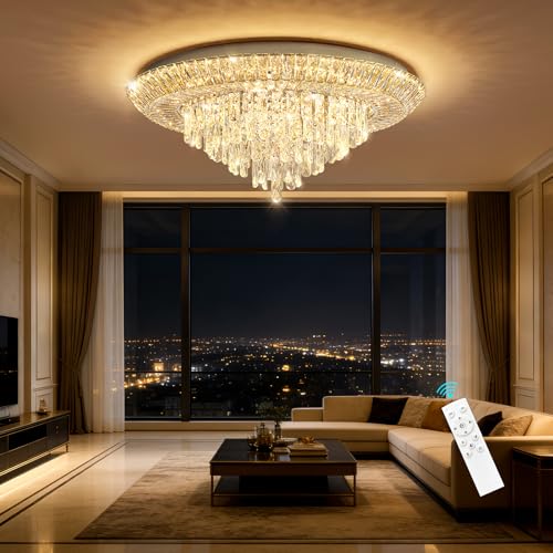 Modern Silver Crystal Chandelier LED Ceiling Light Fixture Raindrop Chandeliers Dimmable Lighting for Living Room Dining Room Entryway Bedroom (Silver / W32")