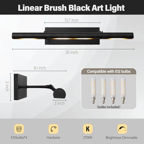 Black Art Picture Frame Wall Light (30"-4 Bulb / Black)