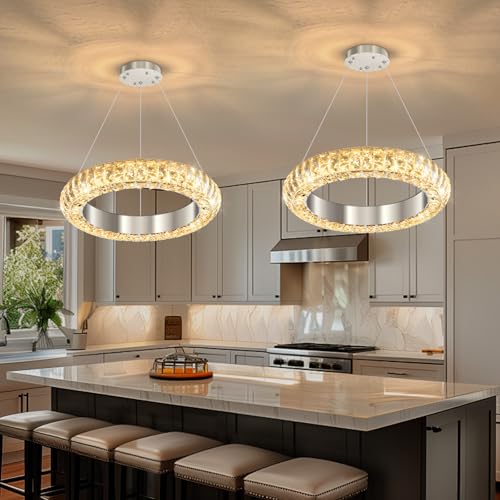 16" Ring Modern LED Dimmable Crystal Chandelier Adjustable Height Pendant Light Round Crystal Chandelier Light Fixtures for Dining Room Living Room Kitchen Island Silver (Silver / 1 Ring Round 16")