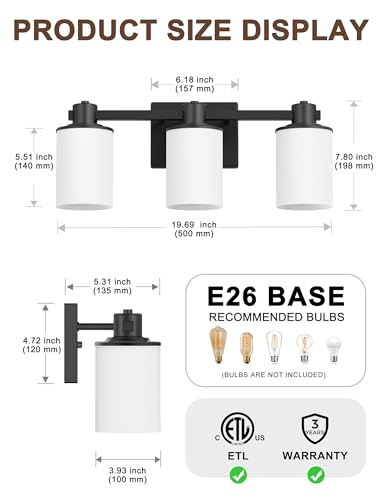 Bathroom Vanity Light Fixtures Over Mirror with Milk Glass Shade (Black & Milky White / 3-Light)