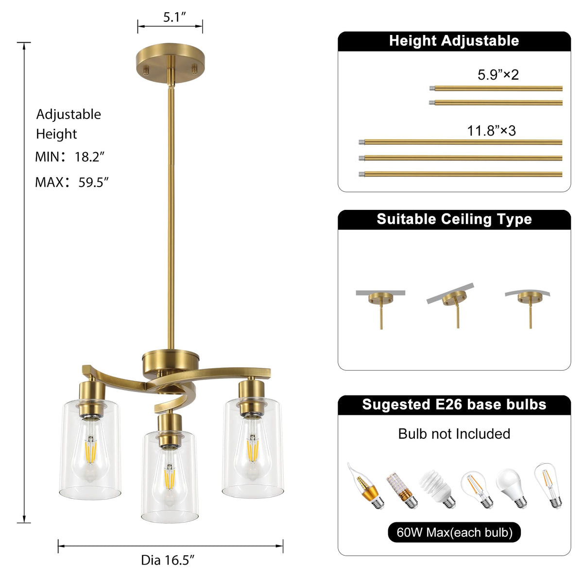 3 Light Brushed Gold Chandelier for Dining Room (Brushed Gold / 3-Light)