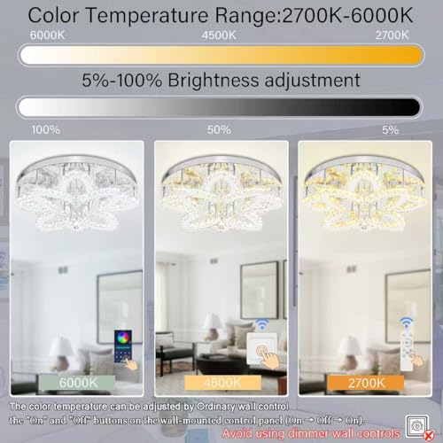 Dia 24" Modern Crystal Chandeliers Silver Chandelier LED Flush Mount Ceiling Light for Living Room Dining Room Bedroom Foyer Entryway LED Dimmable 2700 (Silver / Dia 24")
