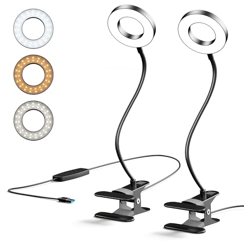 LED Desk Lamp Clip on Light with 3 Color Modes 10 Brightness Ring (2 Pack Clip Lamp)