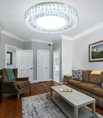 23.6" Dimmable Crystal Chandelier Modern LED Flush Mount Ceiling Light Fixtures for Living Room Bedroom Hallway Kitchen Island Staircase Silver (23.6" Silver)