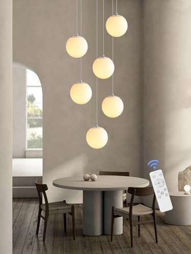 6 Light Silver Chandelier with White Globe Glass Dimmable Ceiling Light Glass Pendant Light for Kitchen Island (Silver-White / Globe 6-Light)