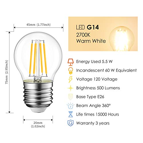 G14 LED Filament Globe Bulb Dimmable (5.5w-transparent / 6 Count (Pack of 1))