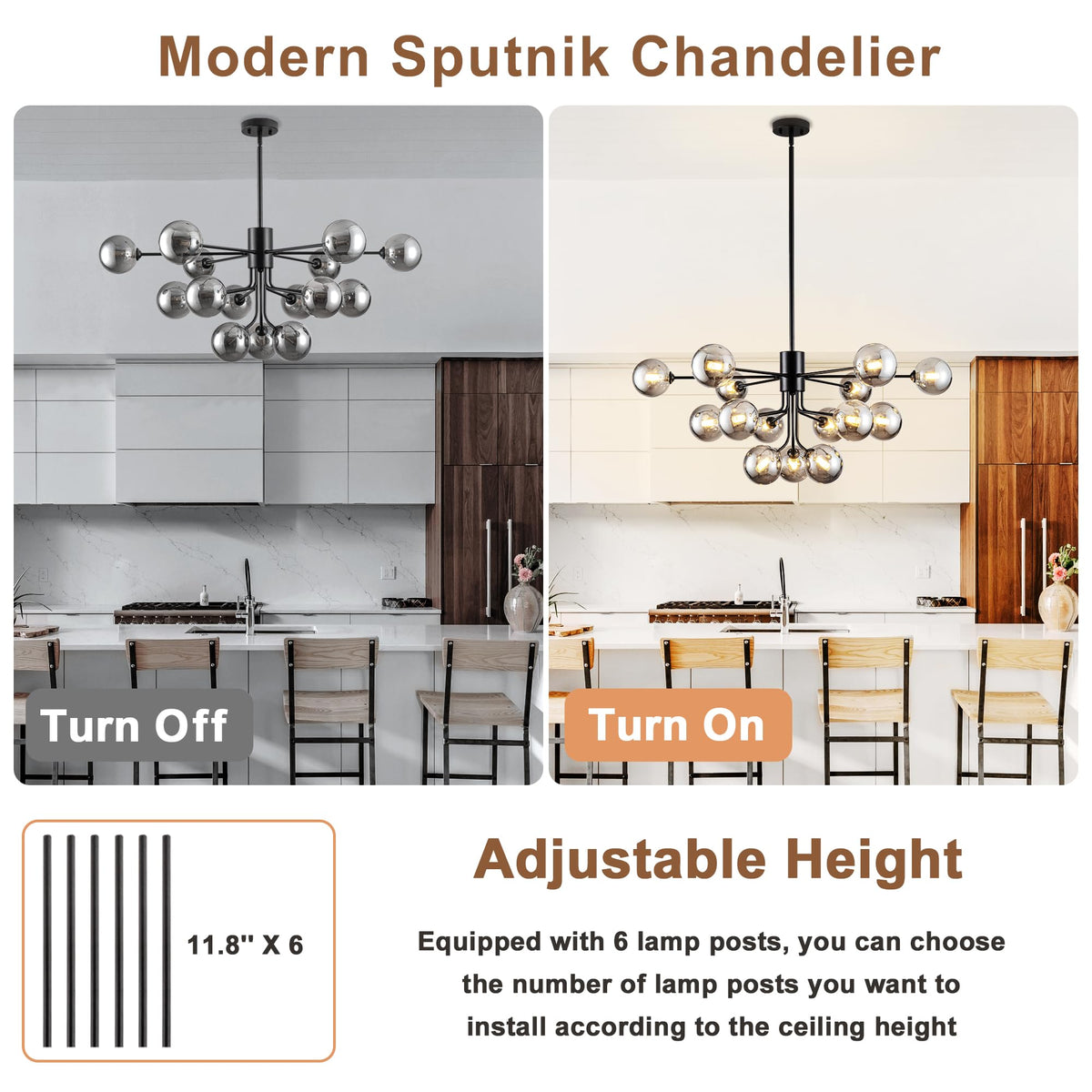 Smoked Glass Chandelier 15 Lights Black Sputnik Chandeliers for Living Room (39.37inch / Black & Grey (15 Lights))