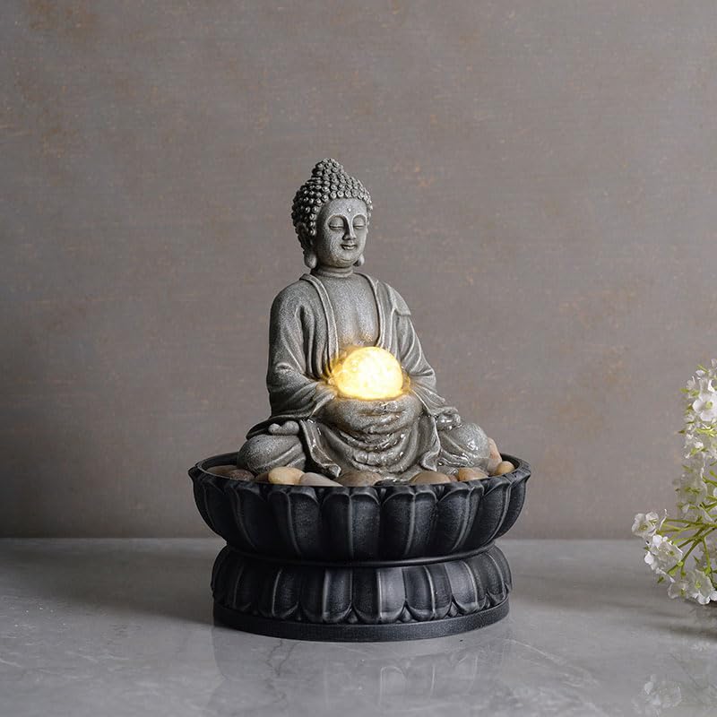 Tabletop Buddha Waterfall Fountain (Dark Grey Buddha / 7.1"L x 7.1"W x 9.6"H)