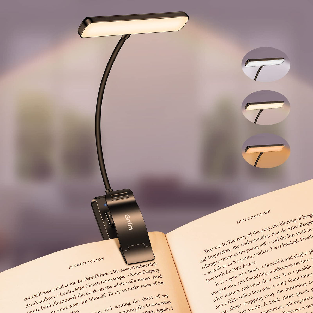19 LED Rechargeable Book Light for Reading in Bed (Black)