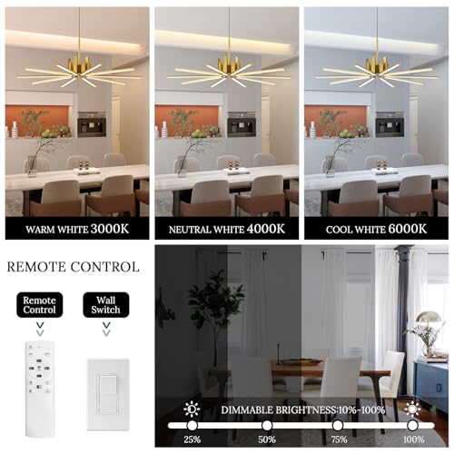 Gold Modern Sputnik Chandelier with Remote Control (Gold-10 Light)