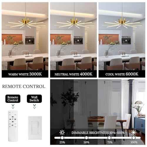 Gold Modern Sputnik Chandelier with Remote Control (Gold-10 Light)