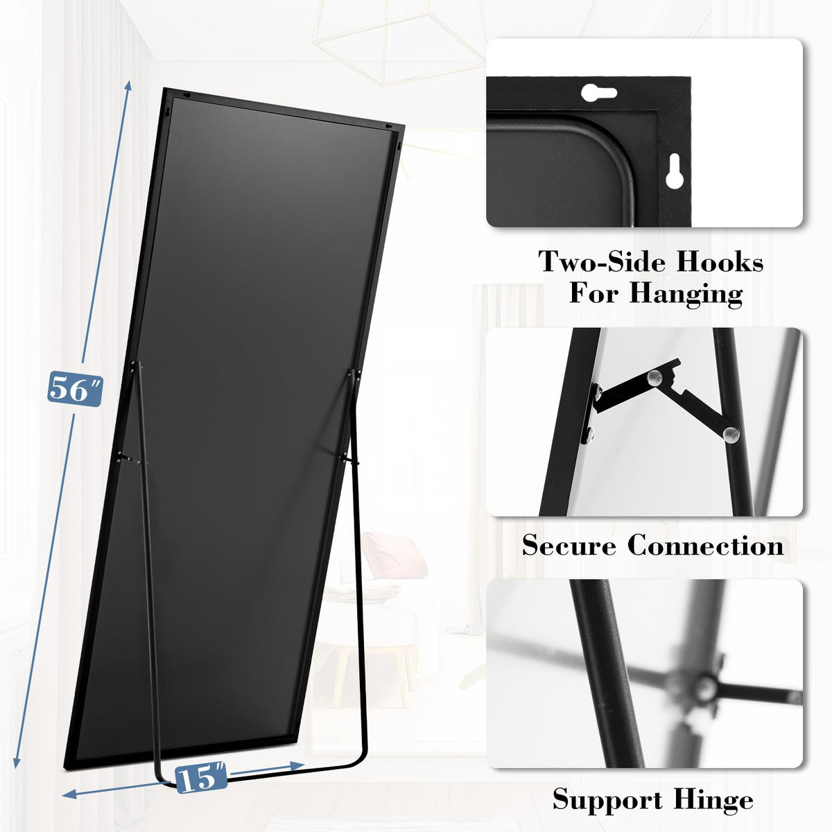15"x56" Full Length Floor Mirror (Black-rect / 56"L x 15"W)