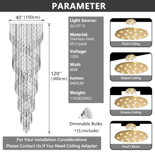 D40'' x H120'' Crystal Chandelier High Ceiling Chandeliers for Entryway Large Raindrop Chandeliers LED Dimmable Flush Mount Light Fixtures for Staircaes Foyer Hallway Living Room Bulbs Included Gold (D40'' x H120'' Gold)