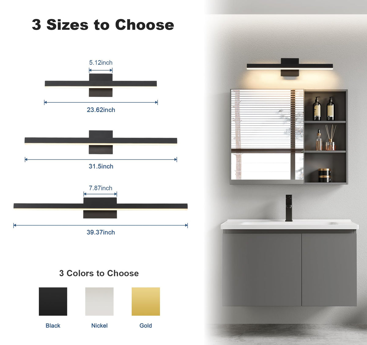 Vanity Light for Bathroom Lighting Fixtures Over Mirror 23.62 Inch Dimmable 5CCT Modern Vanity Lights Black Bathroom Light Bar Bath Wall Sconce ETL Certificated (23.62 Inch Long / Black)