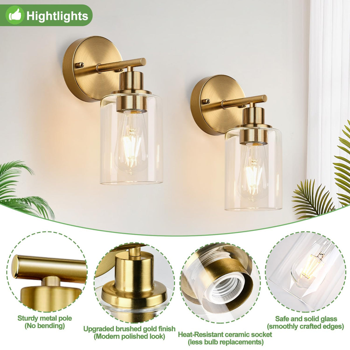 Set of 2 Wall Sconces for Bathroom (Brushed Gold / 1-light)