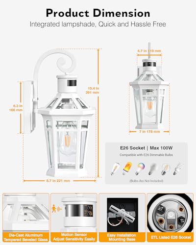 2 Pack Motion Sensor Outdoor Wall Lantern (White / 2-Pack)