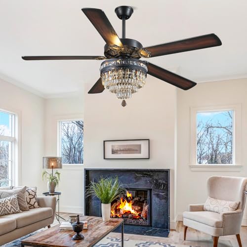 62" Black Crystal Chandelier Ceiling Fans with Lights and Remote Control (Black-62IN)